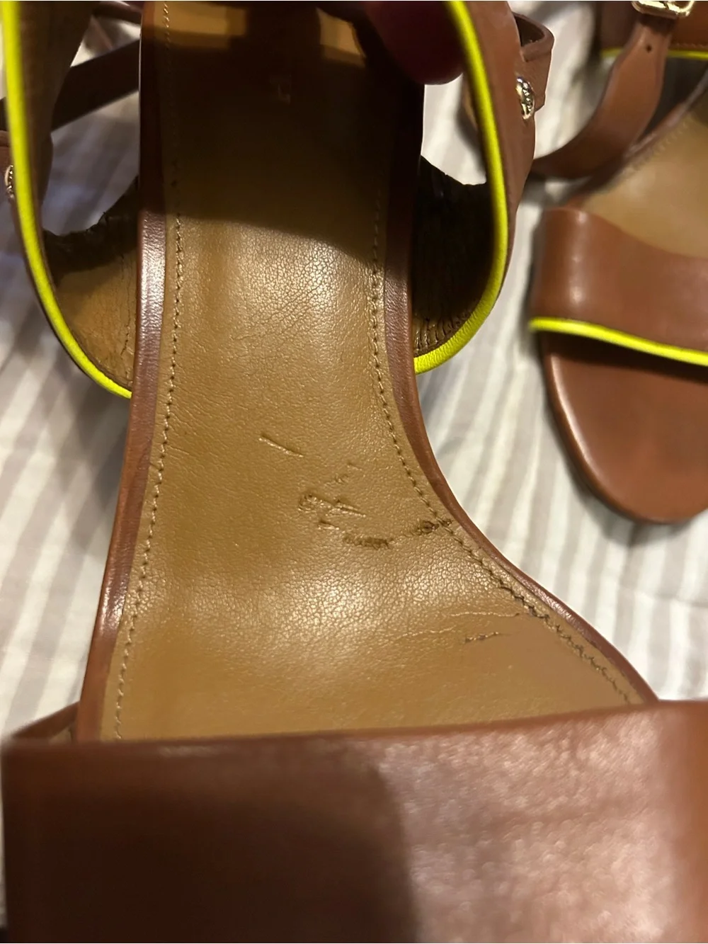 Brown Block Heel Strappy Sandals with Neon Trim